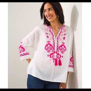 CHICO’S  Embroidered Tie Neck Peasant Top